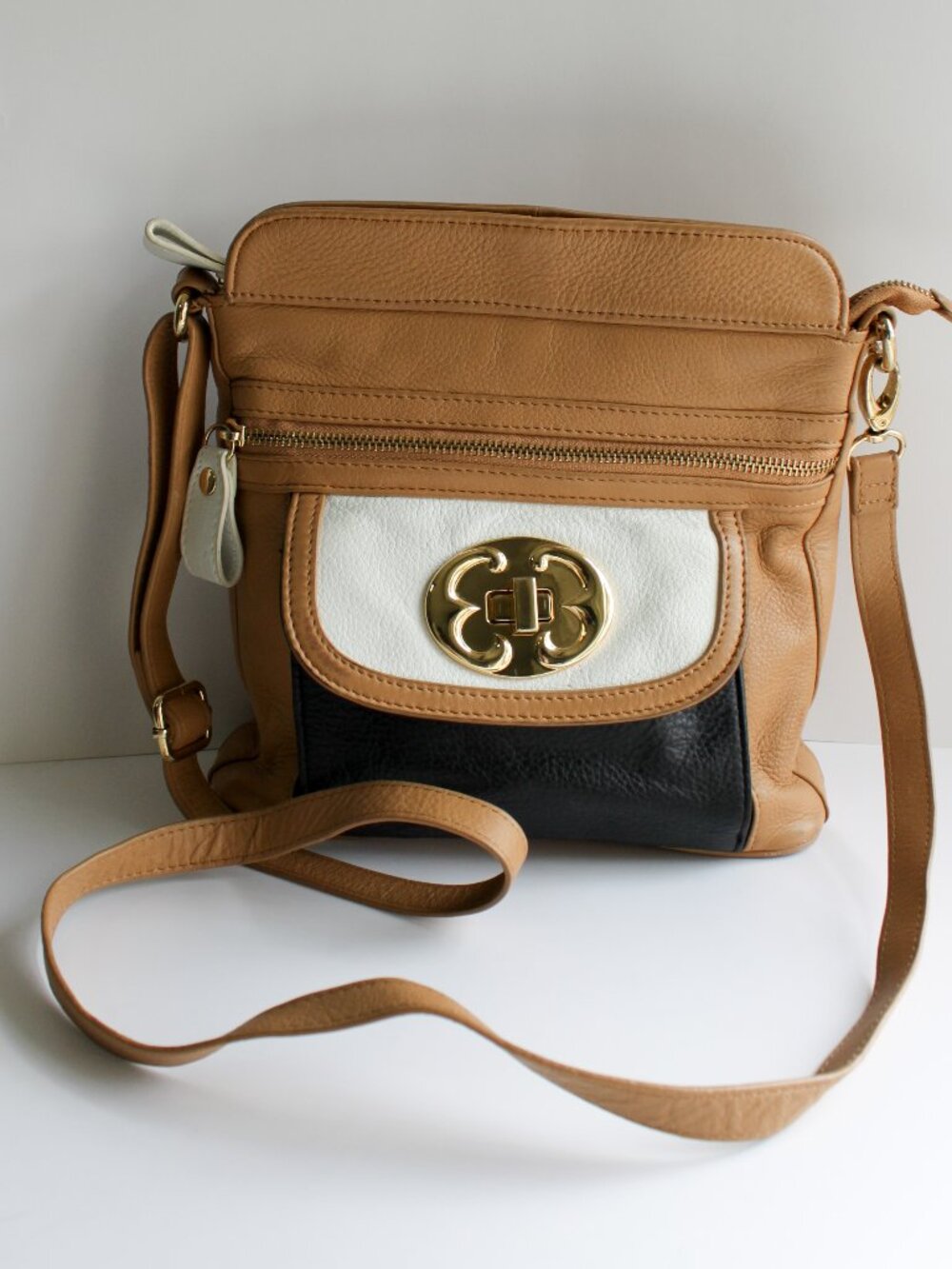 Emma Fox Pebble Leather Satchel Bag - Tri Color Nautical Navy Tan White ✨